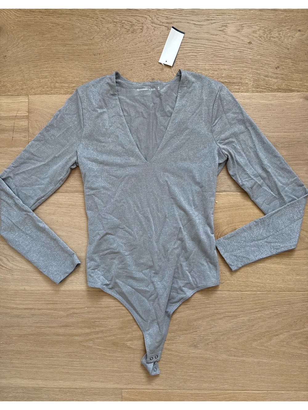 NWT Abercrombie & Fitch Silver Sparkle Bodysuit Long Sleeves Size M NEW